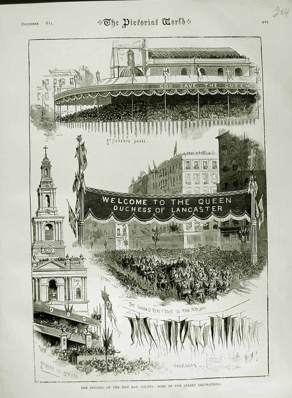 Original Old Antique Print 1882 Opening Law Courts Street Decorations Strand