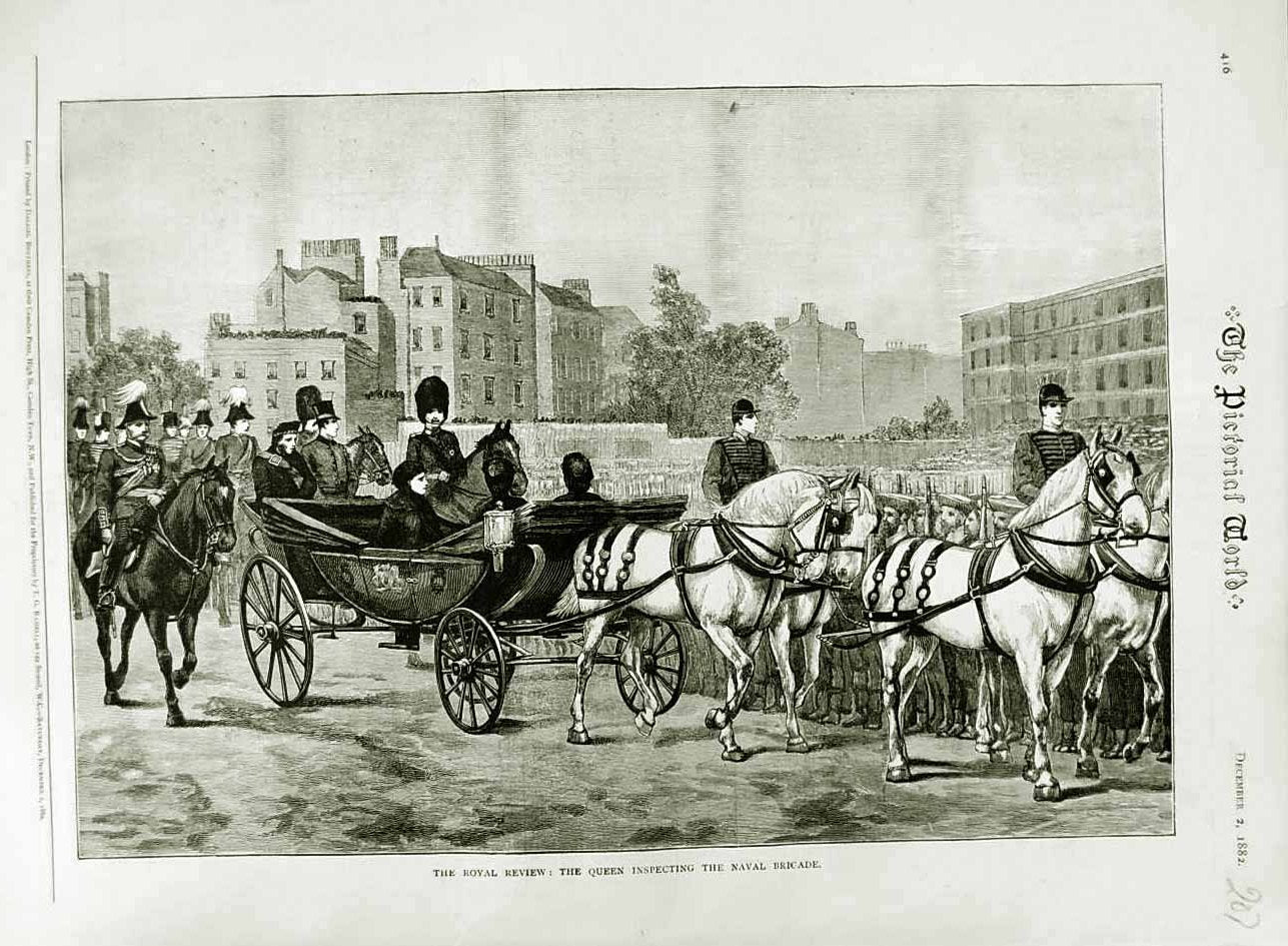 Original Old Antique Print 1882 Royal Review Queen Naval Brigade Siers Horses