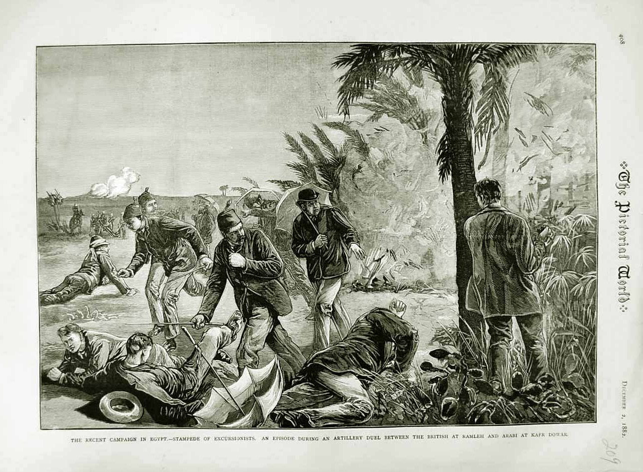 Original Old Antique Print 1882 Egypt Stampede Excursionists Ramleh Arabi Kafr