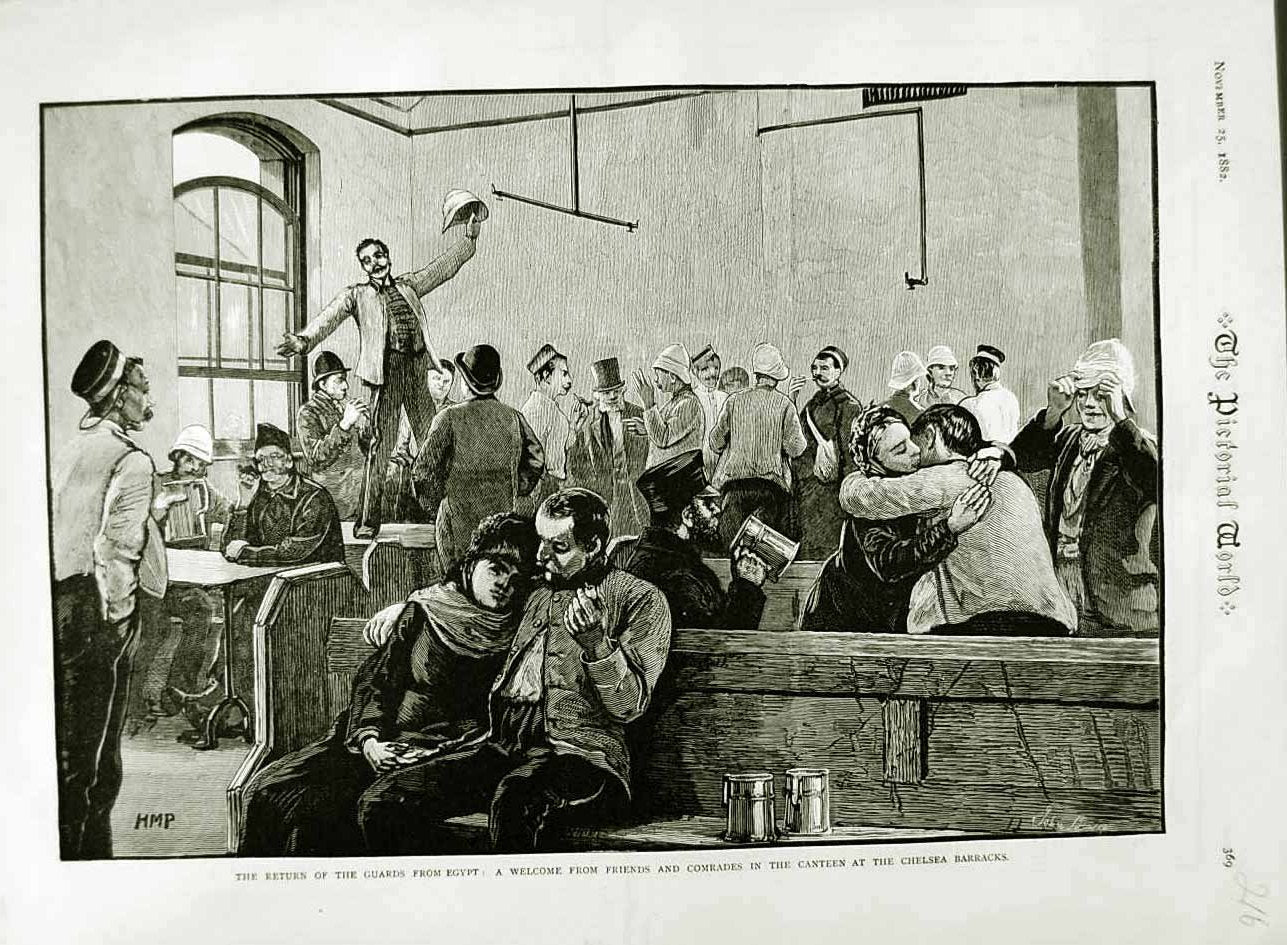 Original Old Antique Print 1882 Guards Egypt Siers Canteen Chelsea Barracks