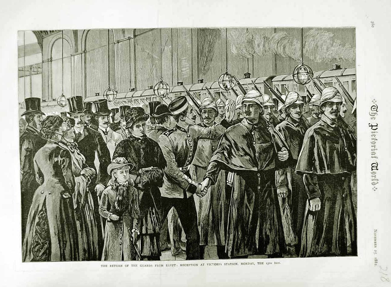 Original Old Antique Print 1882 Siers Guards Egypt Victoria Railway Station