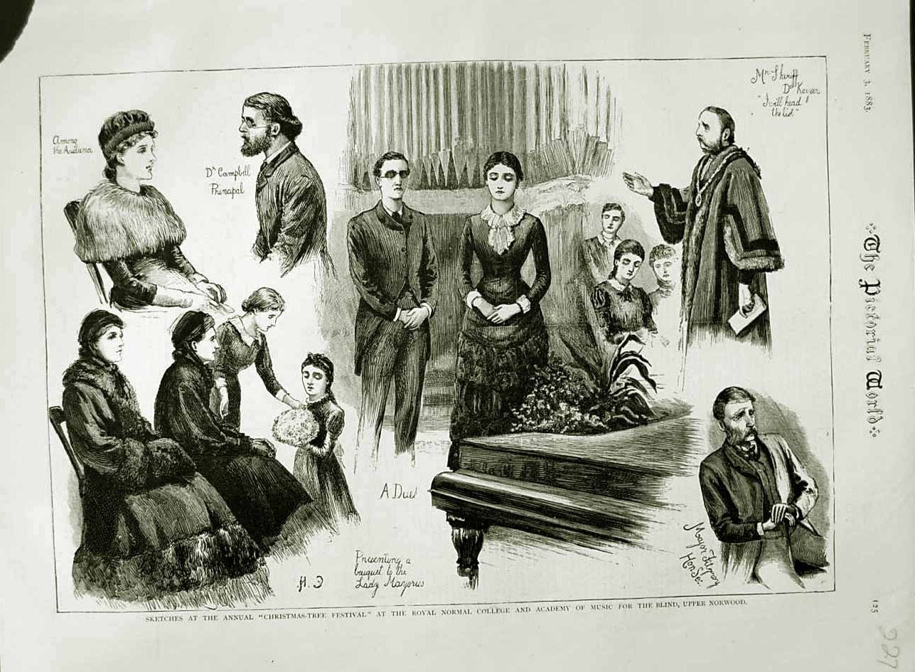Old Antique Print 1883 Christmas-Tree Festival Royal College Music Blind 19th