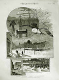 Original Old Antique Print 1883 Floods Austro-Hungary Cemetery Bridge Street