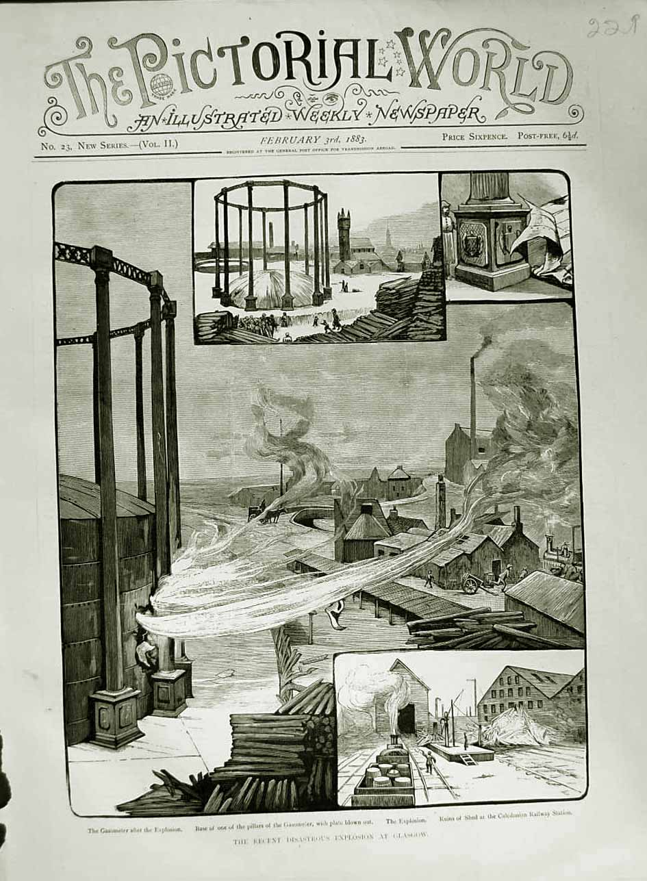 Original Old Antique Print 1883 Explosion Glasgow Gasometer Caledonian Railway