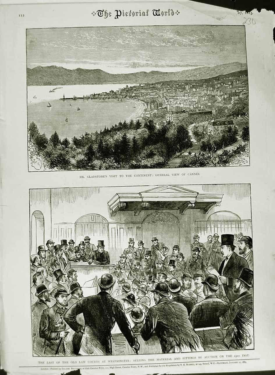 Original Old Antique Print 1883 Gladstone Cannes France Law Courts Westminster