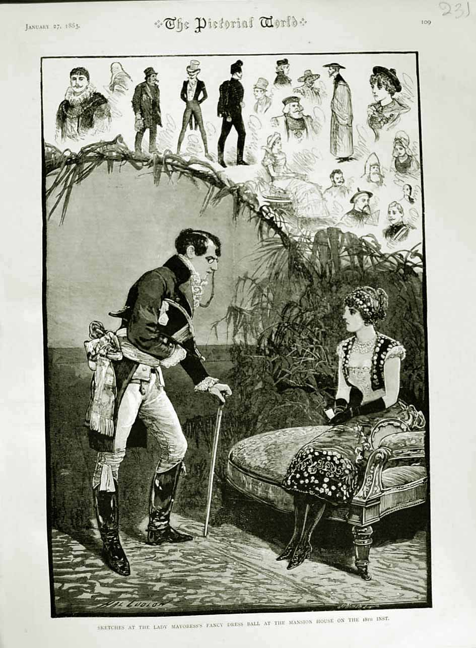 Original Old Antique Print 1883 Lady Mayoress Fancy Dress Ball Mansion House