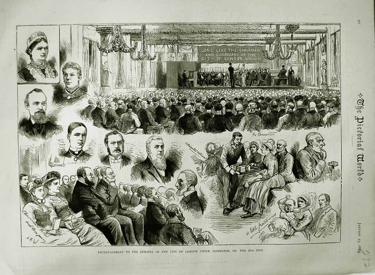 Original Old Antique Print 1883 Entertainment Inmates London Union Homerton