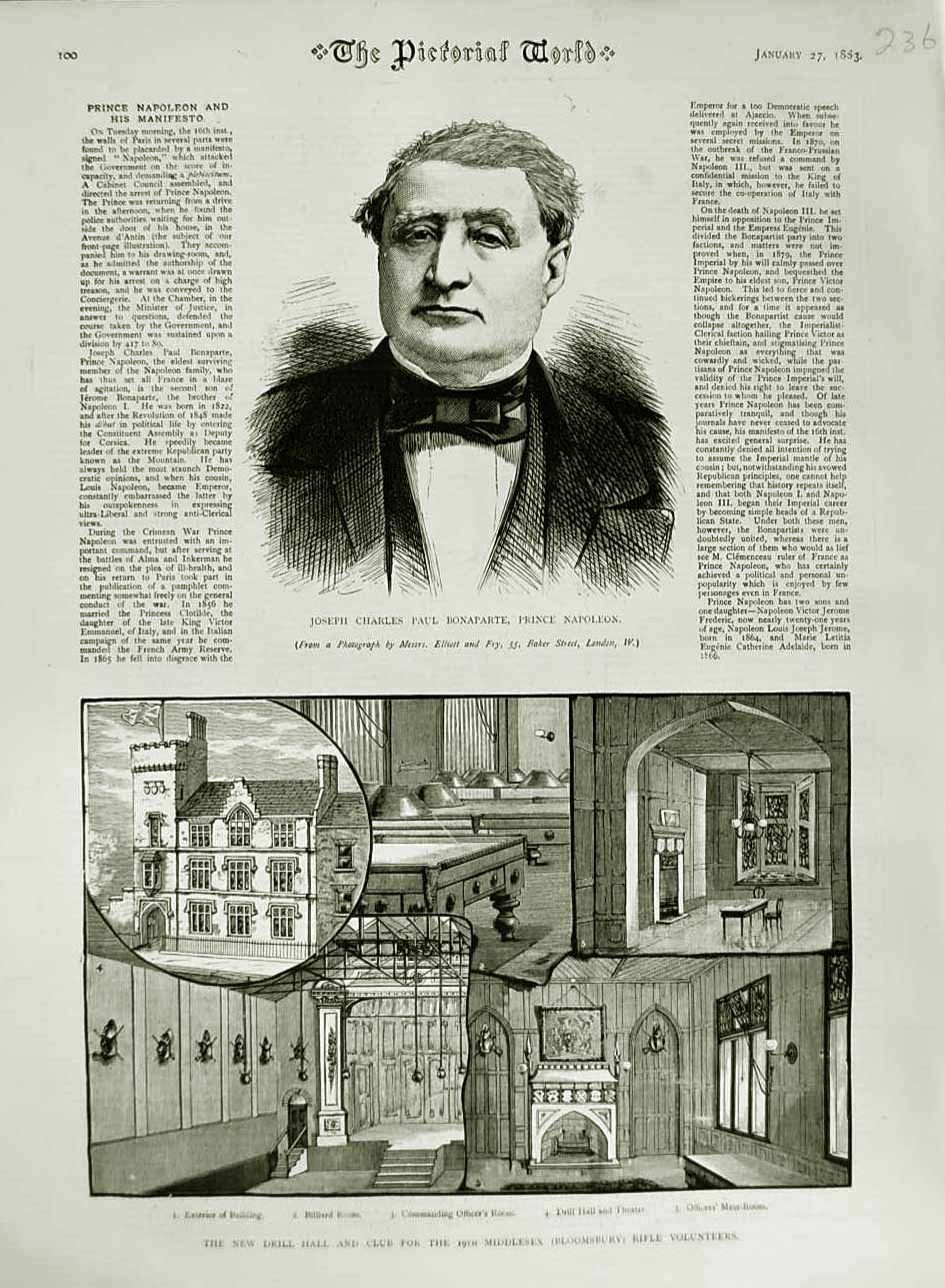 Original Old Antique Print 1883 Joseph Bonaparte Napoleon Hall Rifle Volunteers
