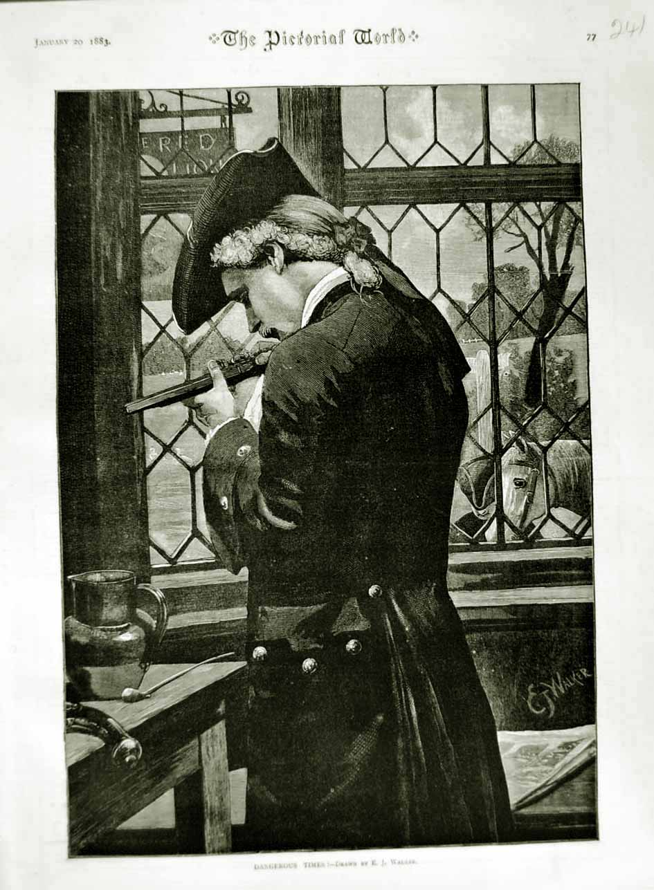 Original Old Antique Print 1883 Pictorial World Art Man Gun Window Walker 19th