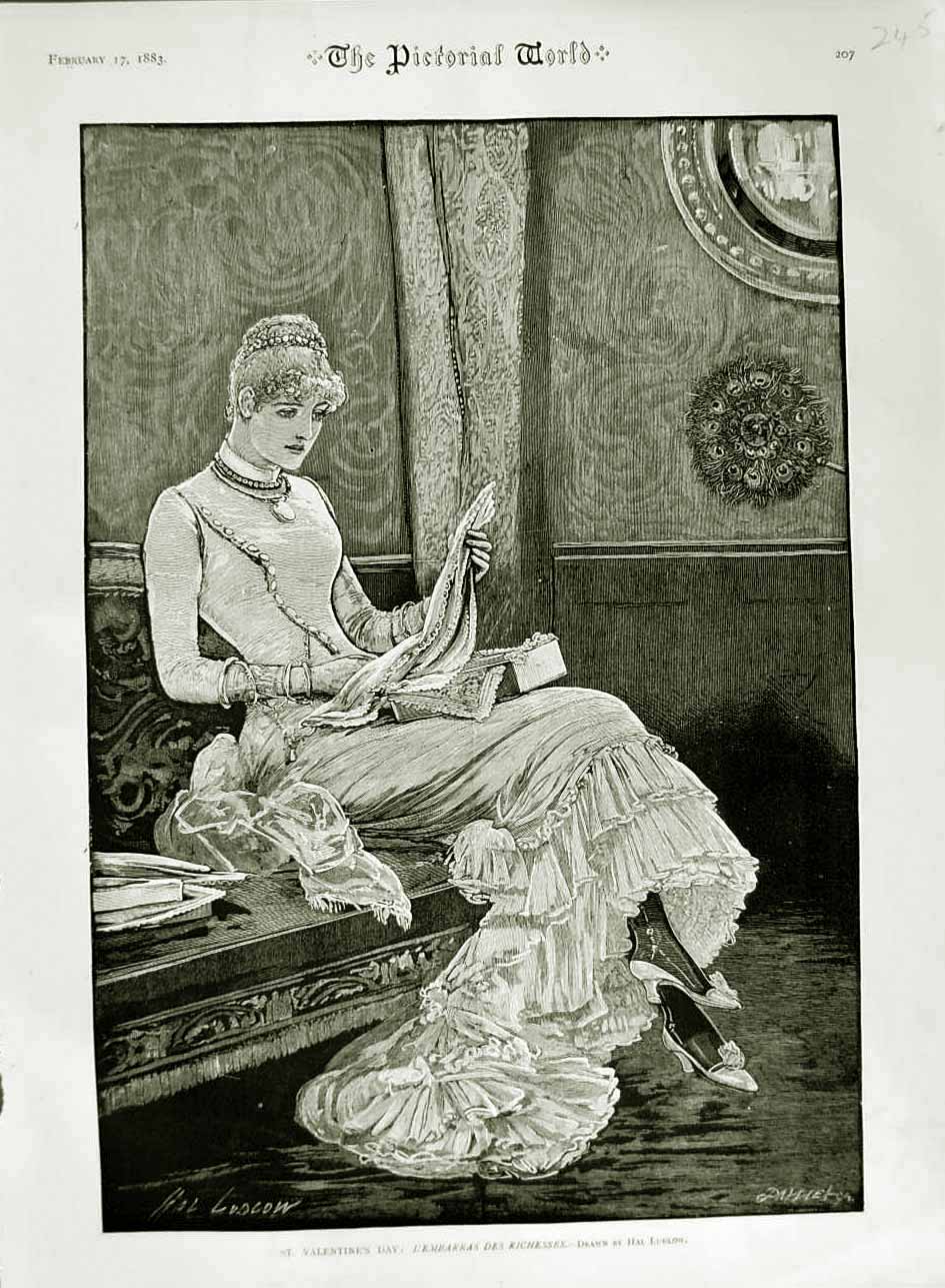 Old Antique Print 1883 St. Valentines Day L'Embarras Des Richesses Lady 19th