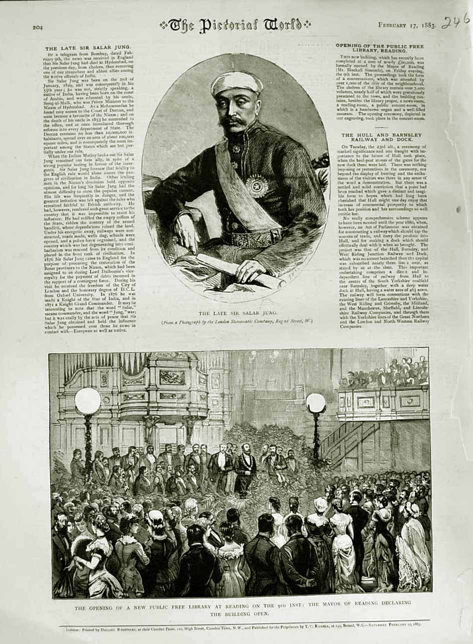 Old Antique Print 1883 Salar Jung Public Library Mayor Reading Building 19th