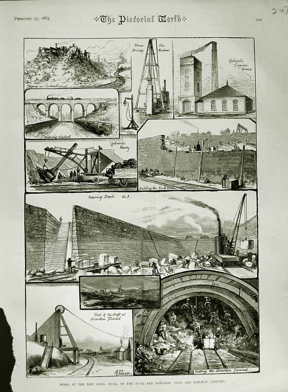 Old Antique Print 1883 Works Dock Hull Barnsley Railway Company Graving 19th