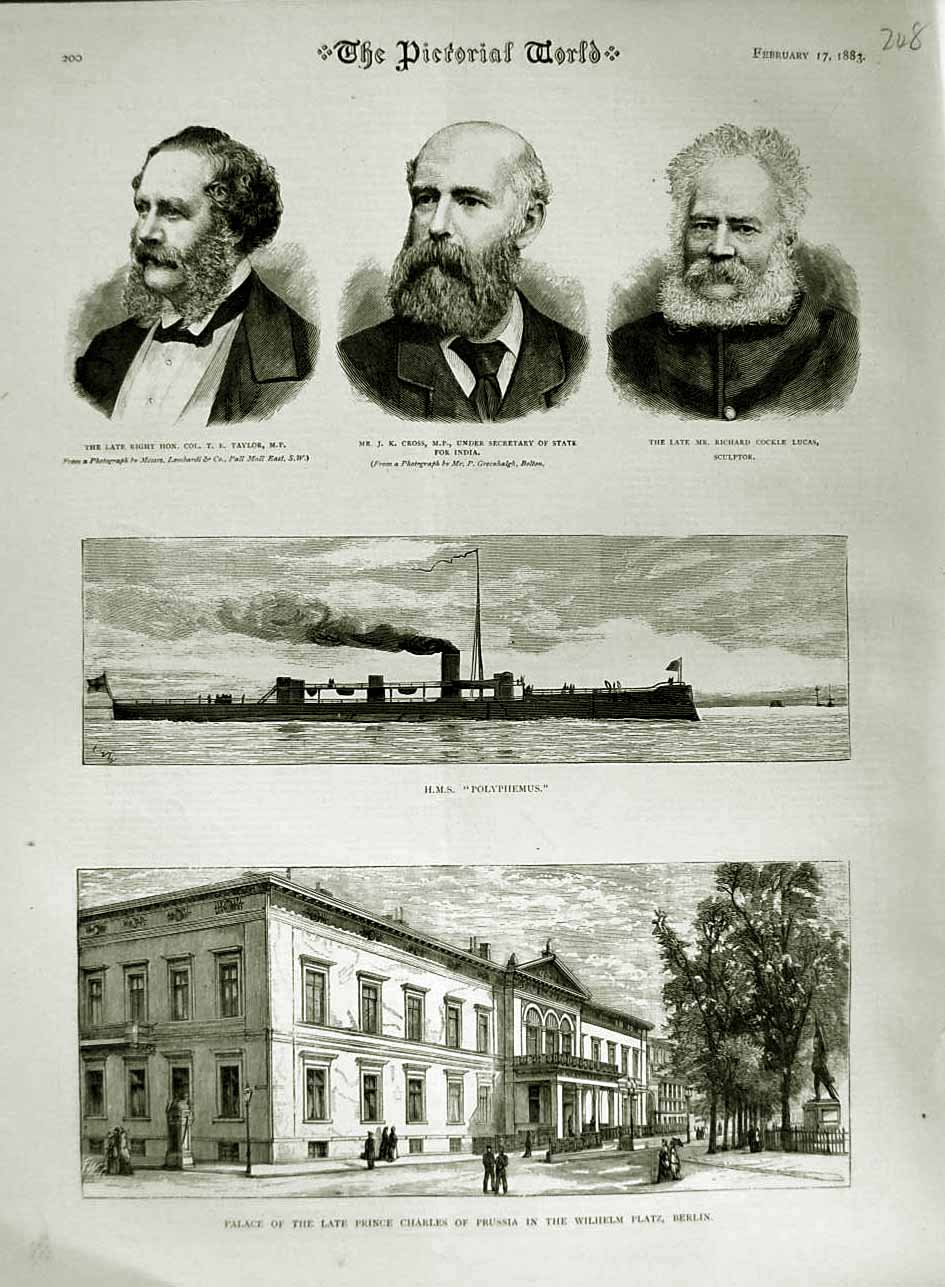Old Antique Print 1883 Ship Polyphemus Wilhelm Platz Berlin Cross Lucas 19th