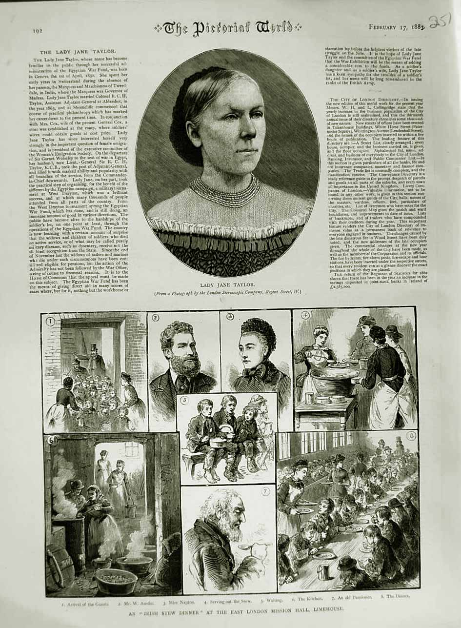 Original Old Antique Print 1883 Lady Taylor Irish Stew London Mission Limehouse