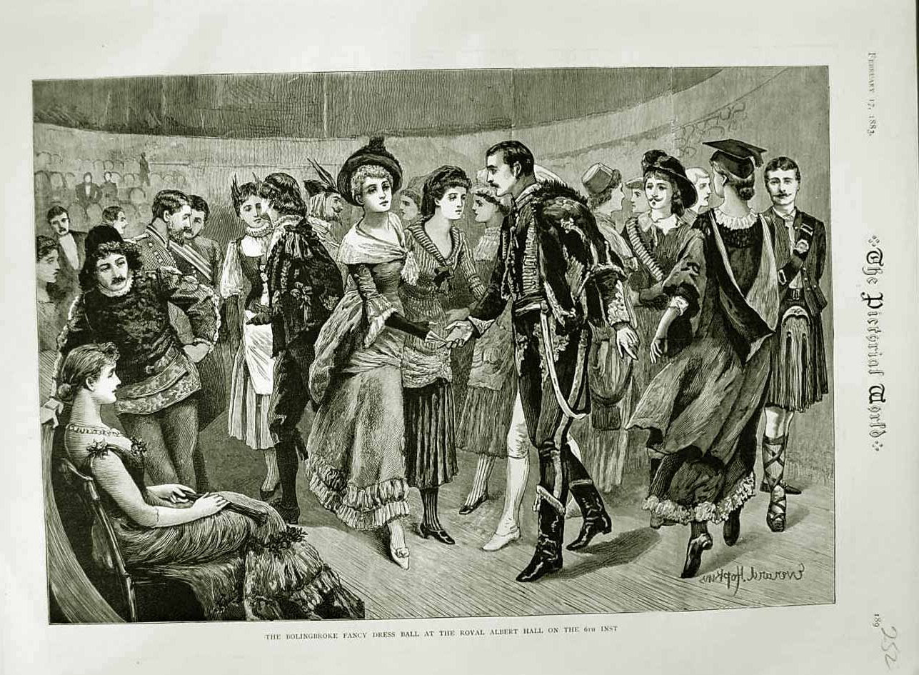 Original Old Antique Print 1883 Bolingbroke Fancy Dress Ball Royal Albert Hall