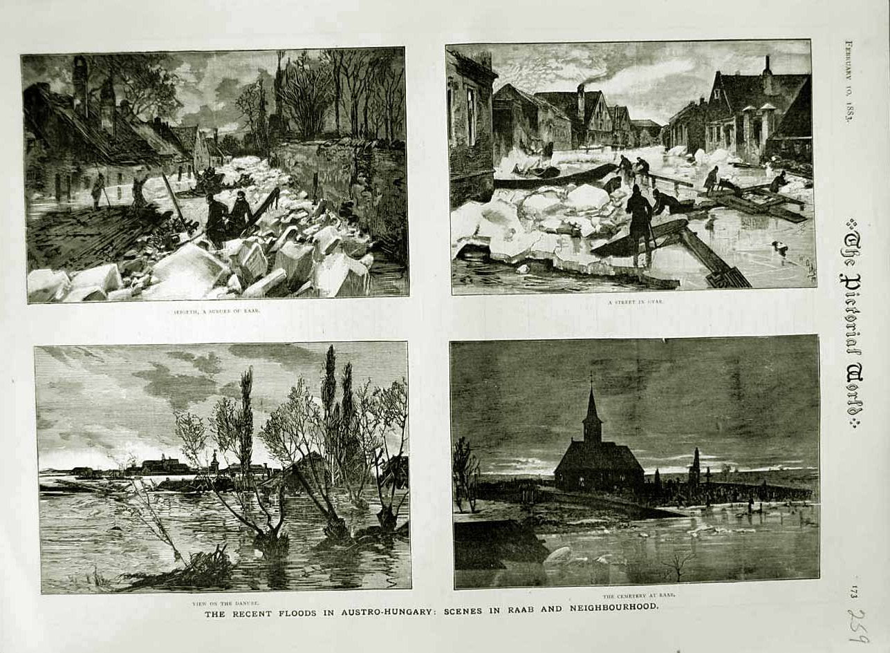 Original Old Antique Print 1883 Floods Austro-Hungary Raab Seigeth Gyar Danube