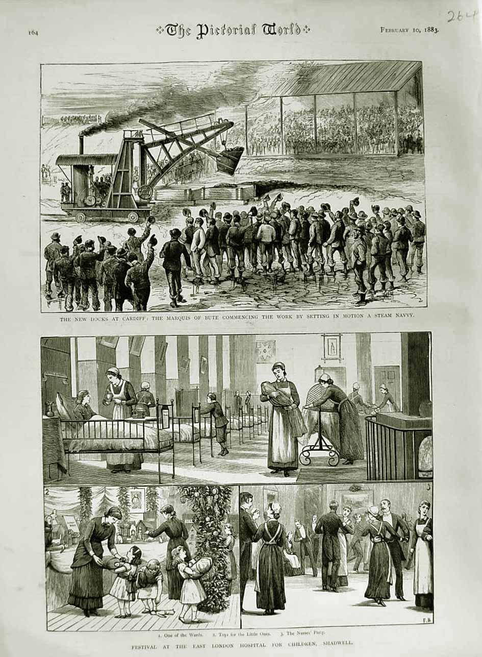 Old Antique Print 1883 Docks Cardiff Marquis Bute Hospital Shadwell Wards 19th