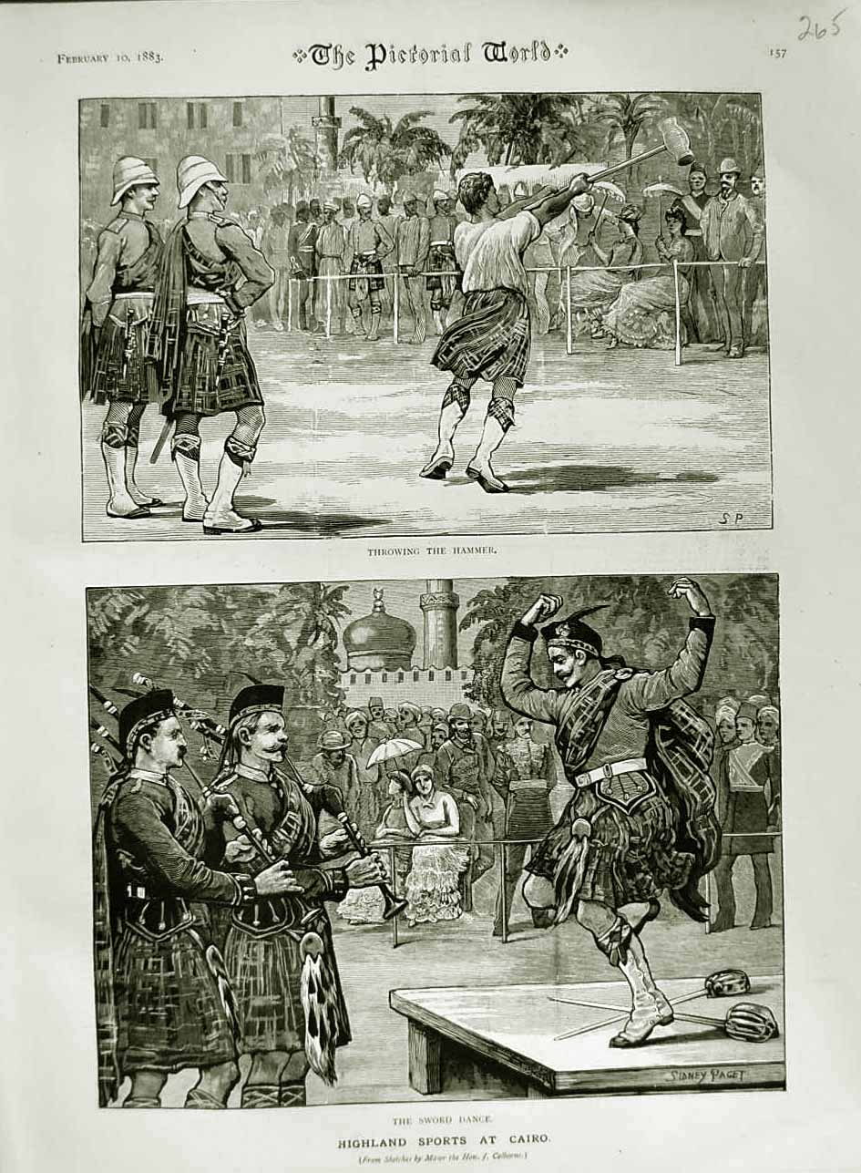 Old Antique Print 1883 Highland Sports Cairo Egypt Throwing Hammer Sword 19th