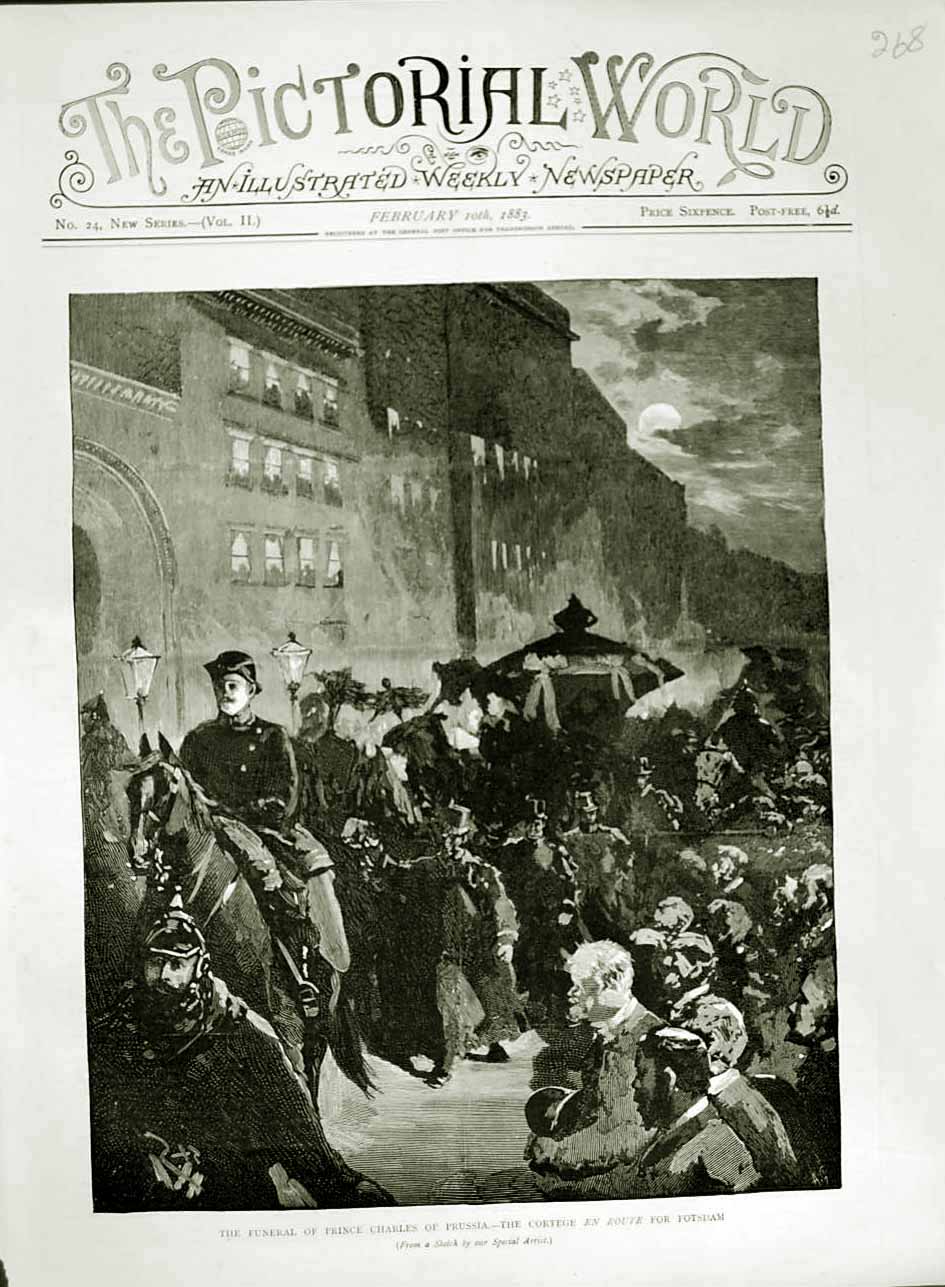 Original Old Antique Print 1883 Funeral Prince Charles Prussia Cortege Potsdam