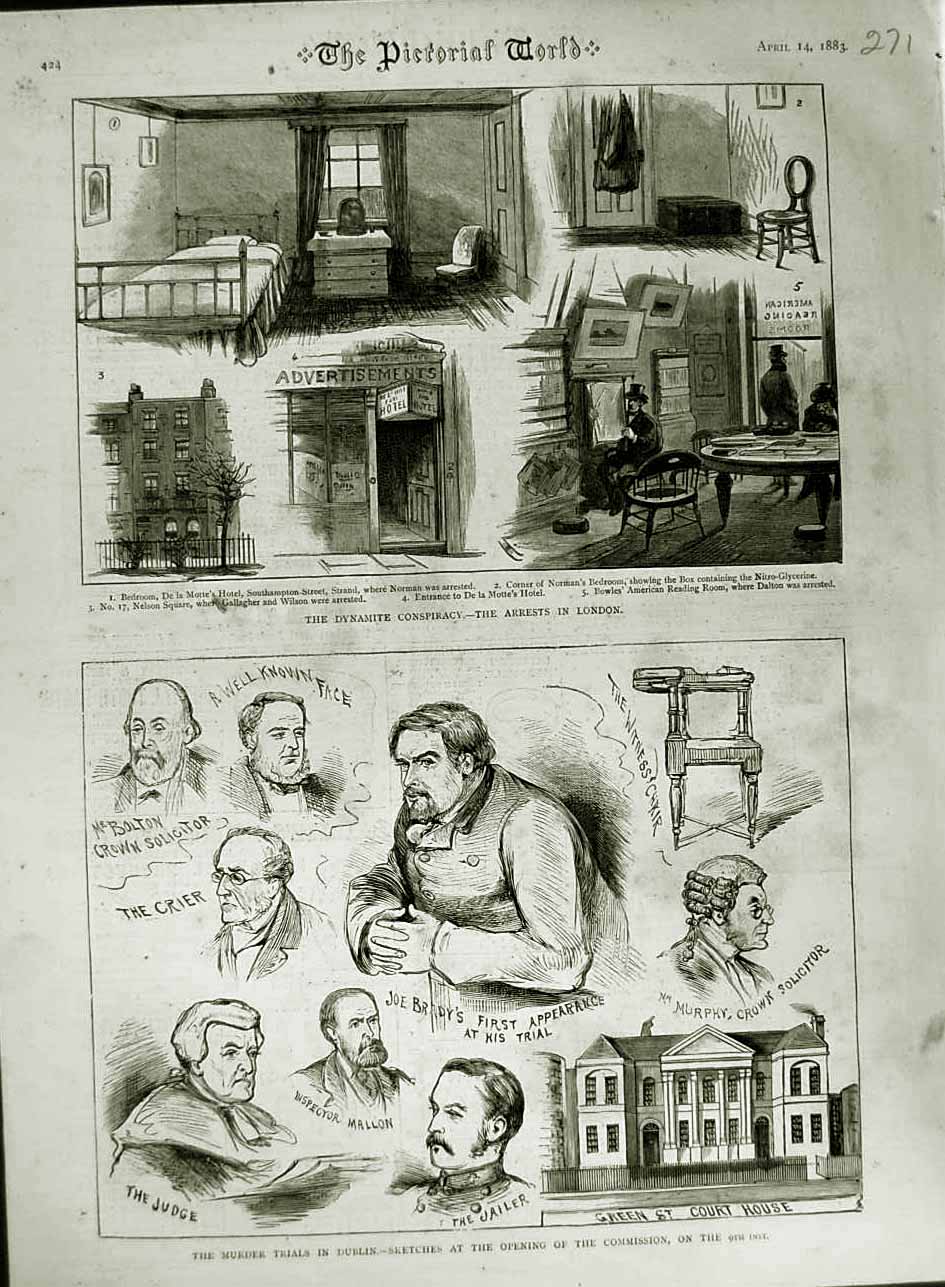 Old Antique Print 1883 Dynamite London Norman Dublin Ireland Mallon Brady 19th