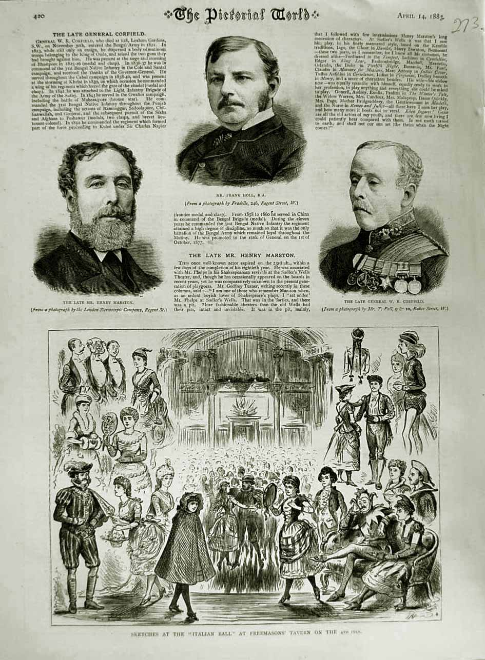 Original Old Antique Print 1883 Holl Corfield Marston Italian Freemasons Tavern