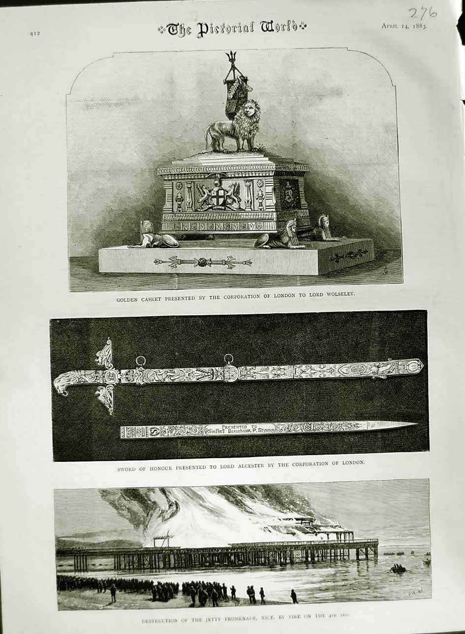 Old Antique Print 1883 Fire Jerry Promenade Nice Sword Alcester Wolseley 19th