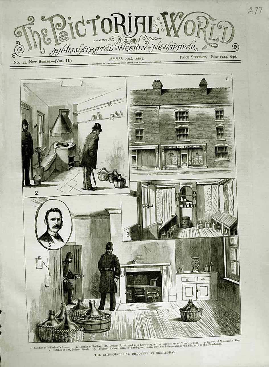 Original Old Antique Print 1883 Nitro-Clycerine Discovery Birmingham Whitehead