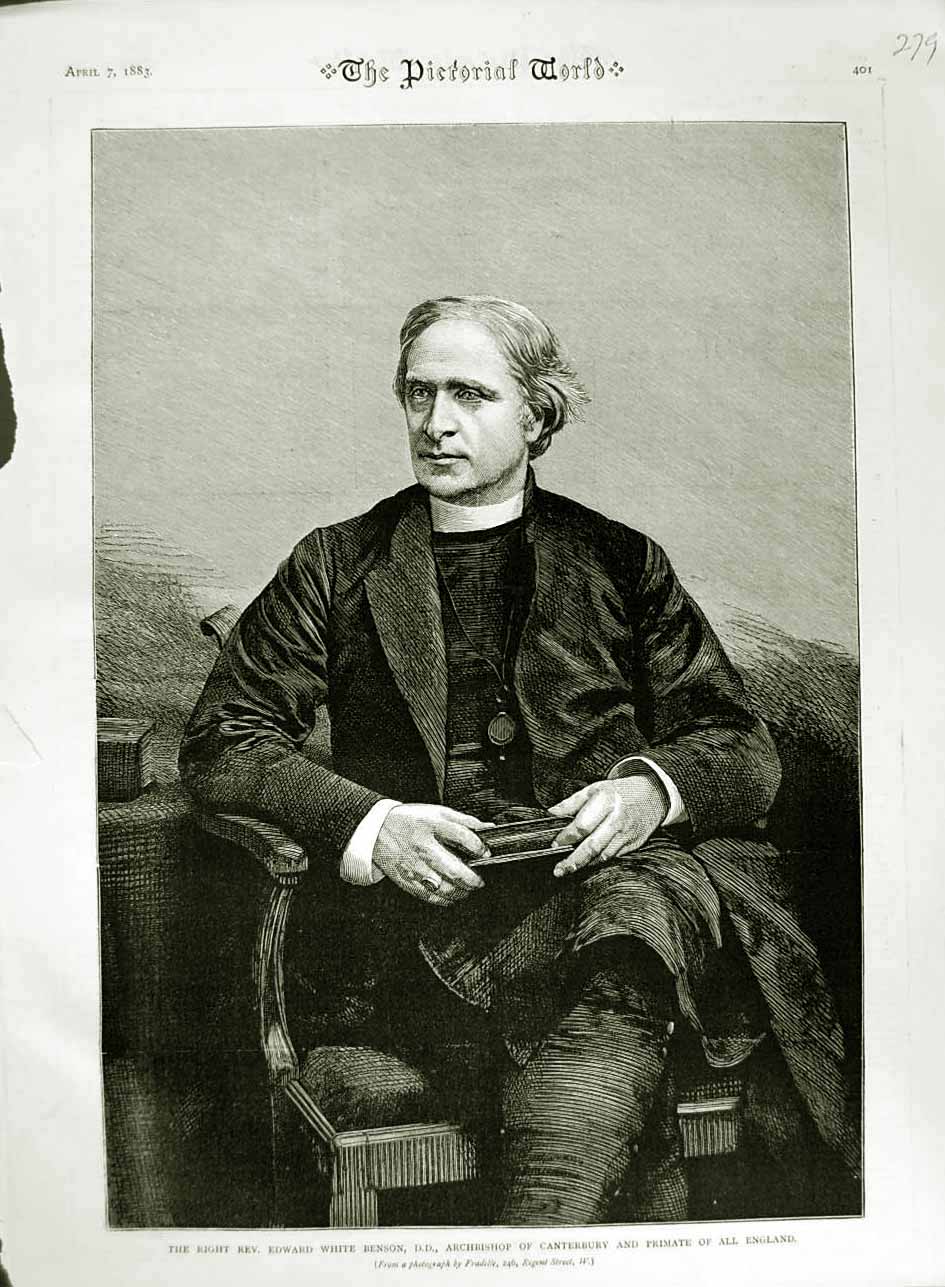 Original Old Antique Print 1883 Rev. Edward White Benson Archbishop Canterbury