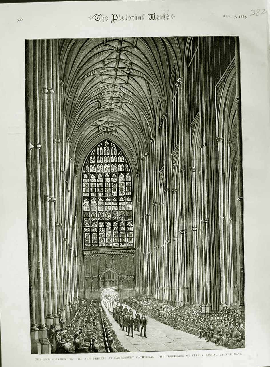 Old Antique Print 1883 Enthronement Primate Canterbury Cathedral Clergy 19th