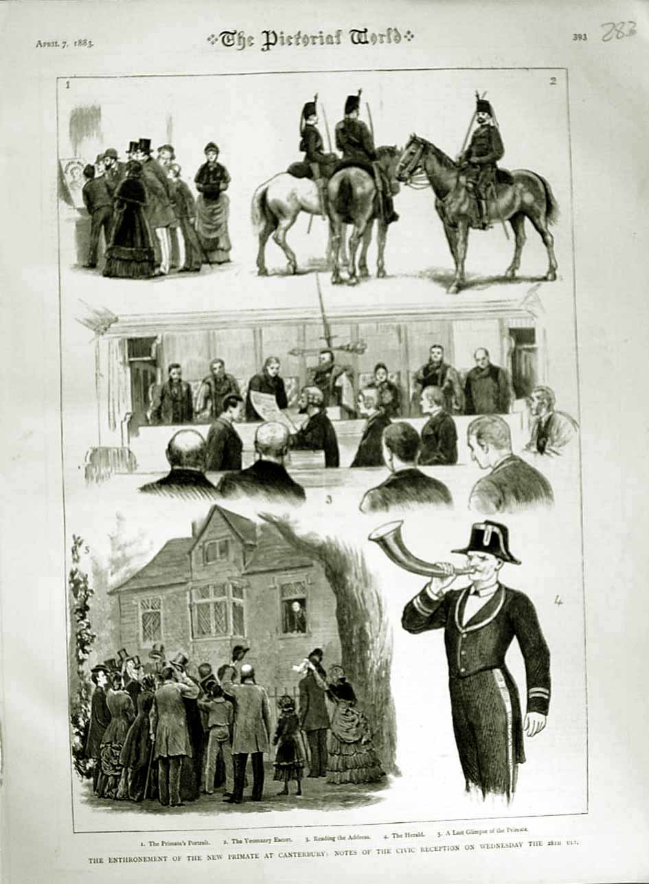 Original Old Antique Print 1883 Enthronement Primate Canterbury Yeomanry Herald