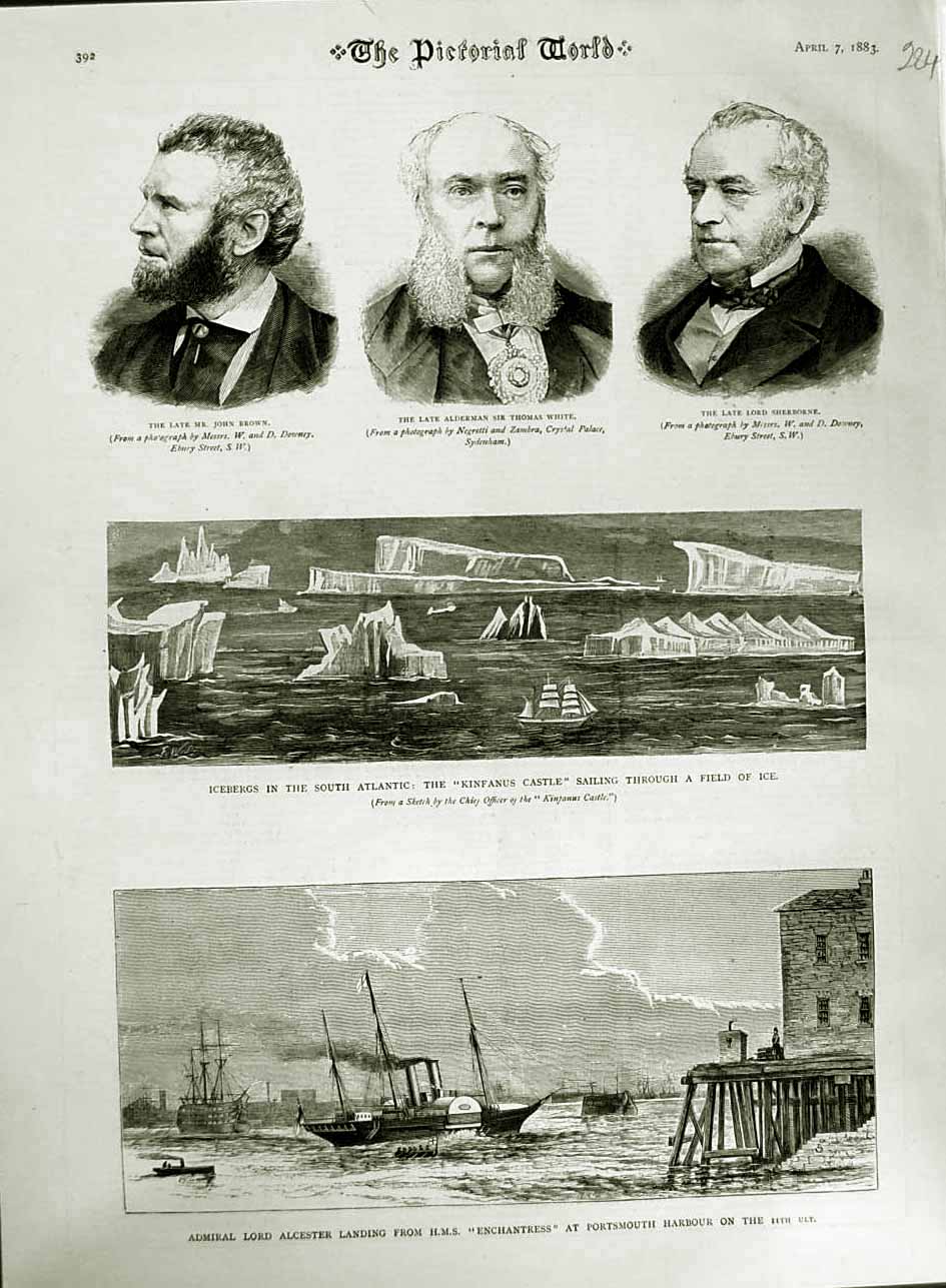 Old Antique Print 1883 Brown White Sherborne Ship Iceberg Kinfanus Castle 19th