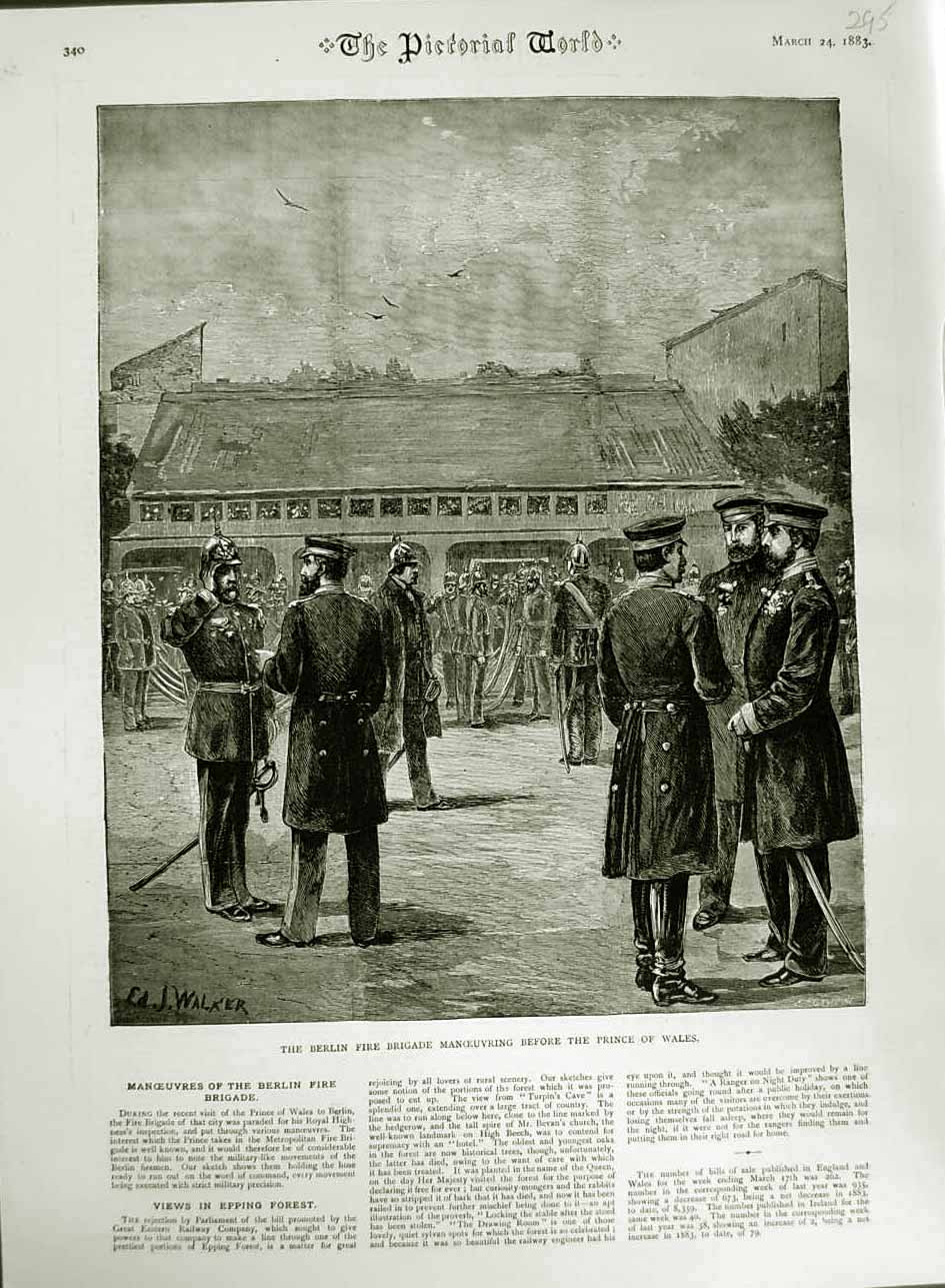 Original Old Antique Print 1883 Berlin Fire Brigade Prince Wales Walker Ireland