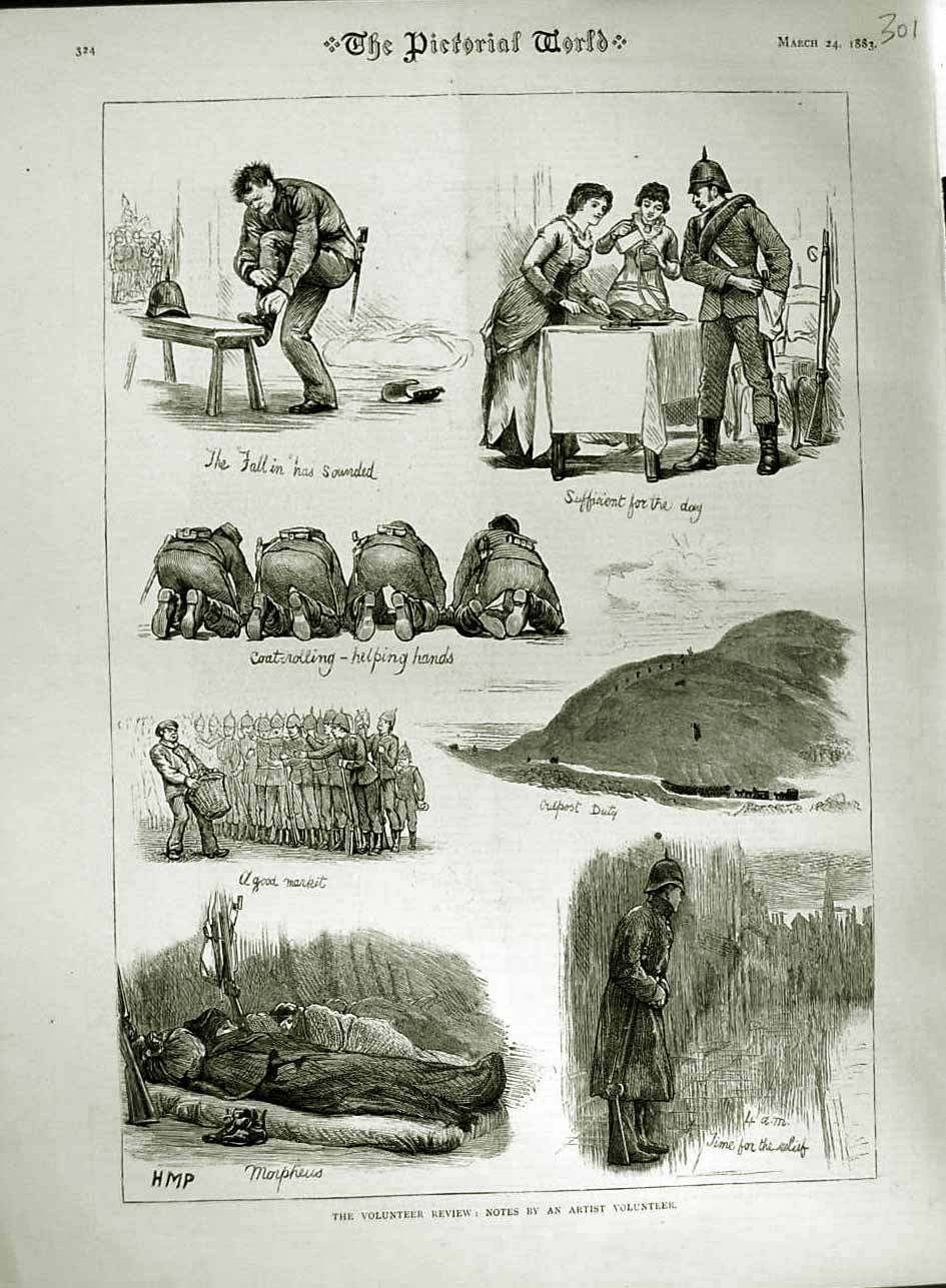 Original Old Antique Print 1883 Ta Volunteer Siers Review War Outpost Pictorial