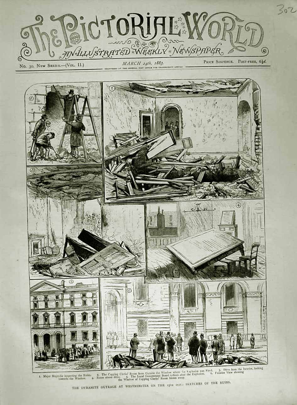 Original Old Antique Print 1883 Dynamite Westminster Ruins Majerndie Government
