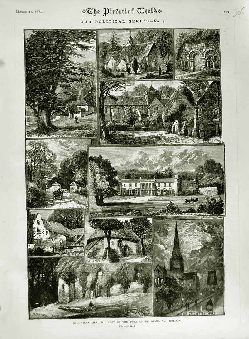Original Old Antique Print 1883 Goodwood Park Duek Richmond Gordon Abbey Priory