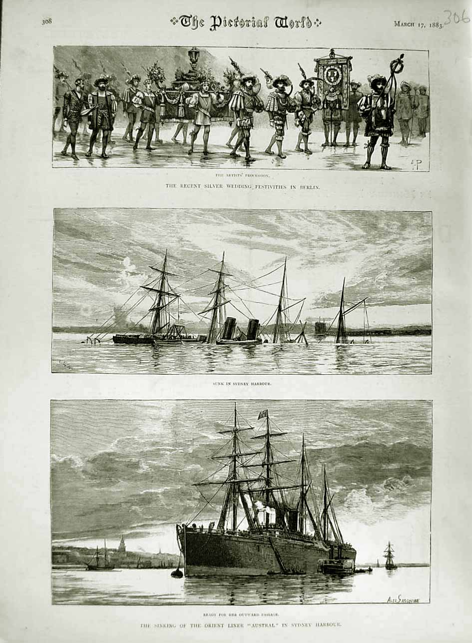 Old Antique Print 1883 Silver Wedding Berlin Ship Sydney Harbour Austral 19th
