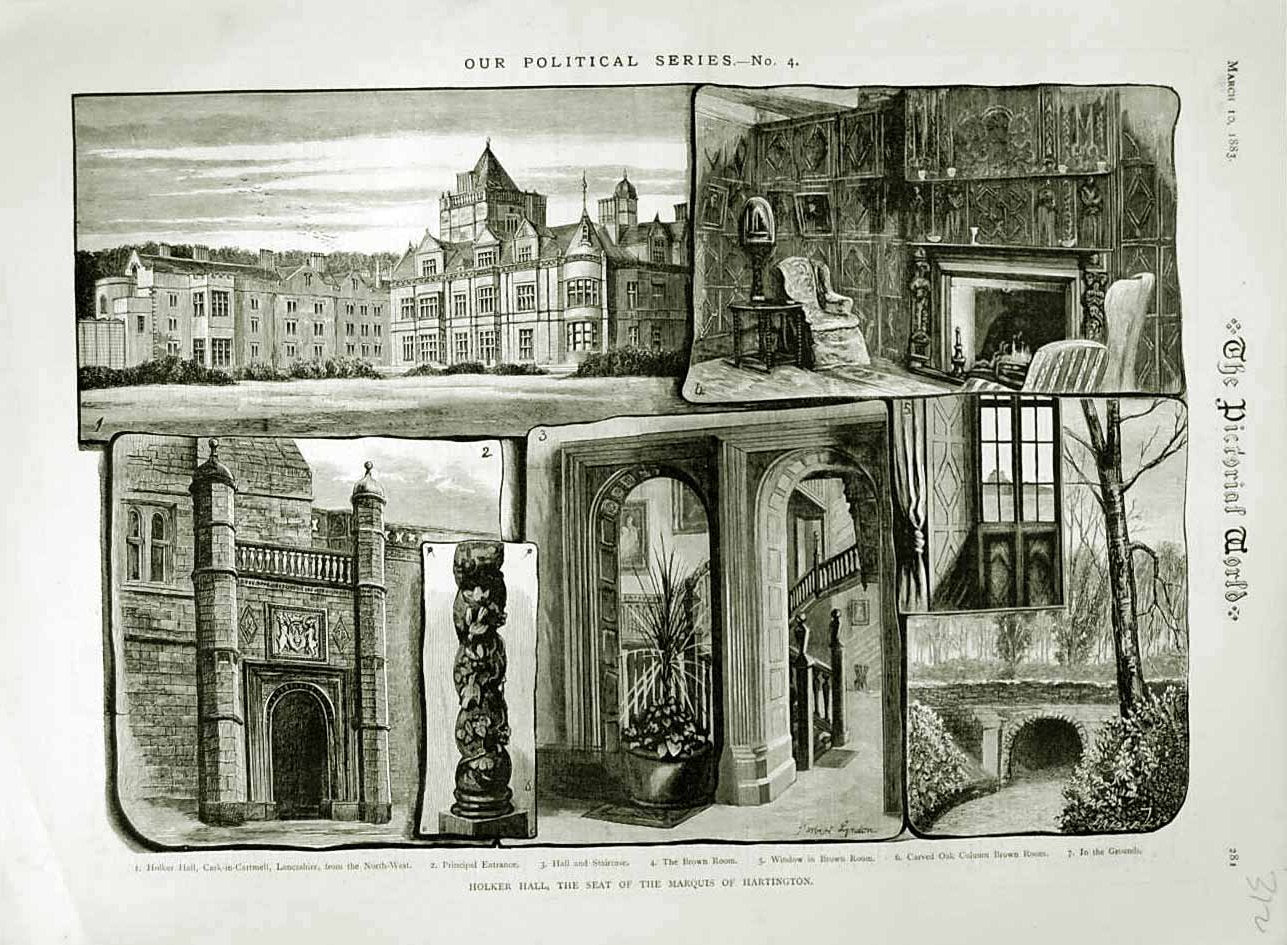 Old Antique Print 1883 Holker Hall Marquis Hartington Lancashire Garden 19th