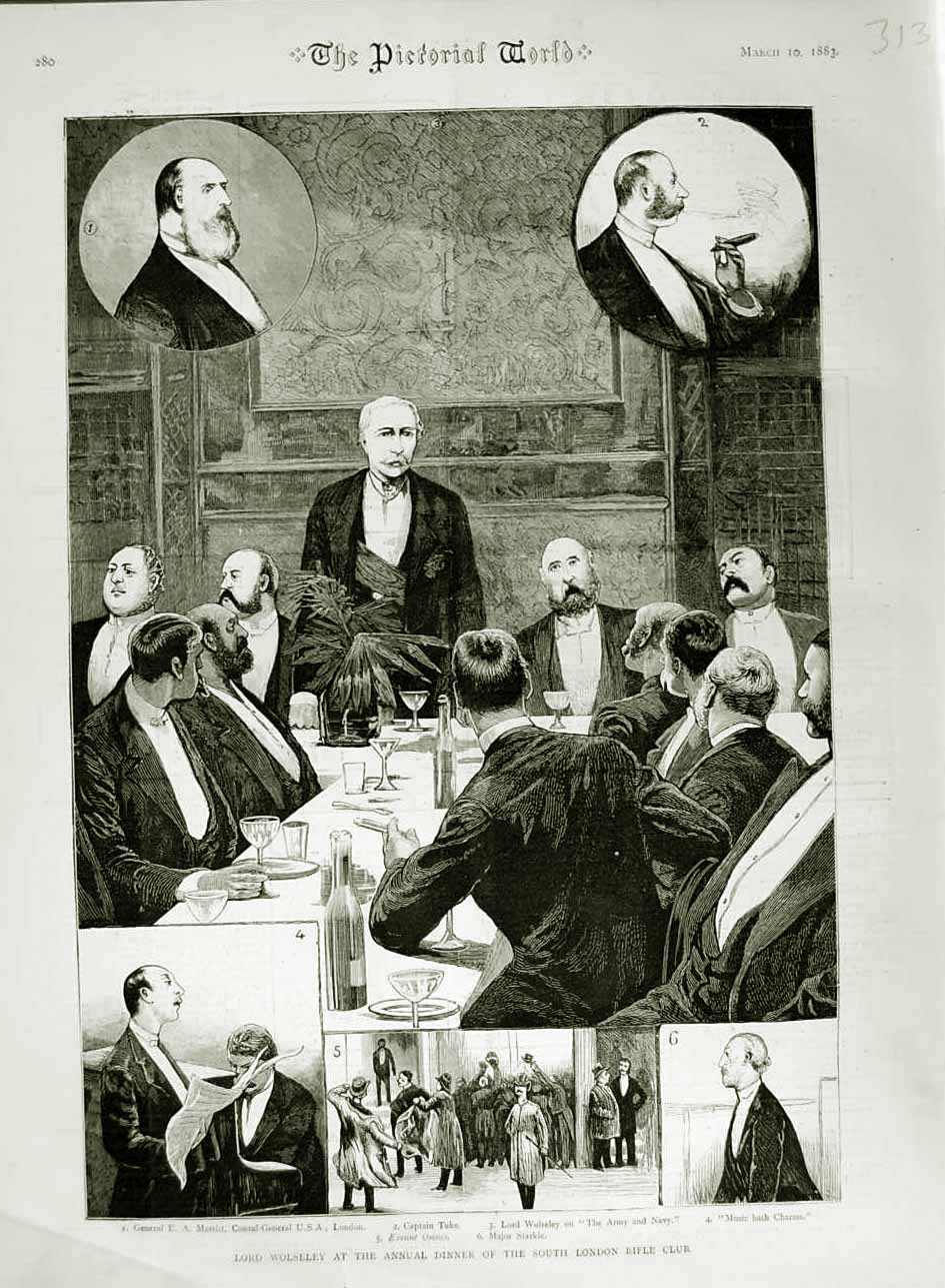 Original Old Antique Print 1883 Wolseley Dinner London Rifle Club Tuke Merritt