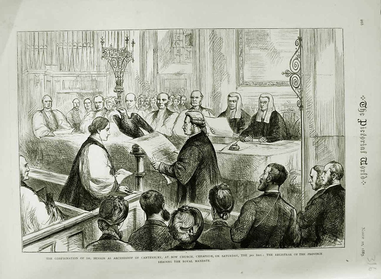 Old Antique Print 1883 Benson Archbishop Canterbury Bow Church Cheapside 19th