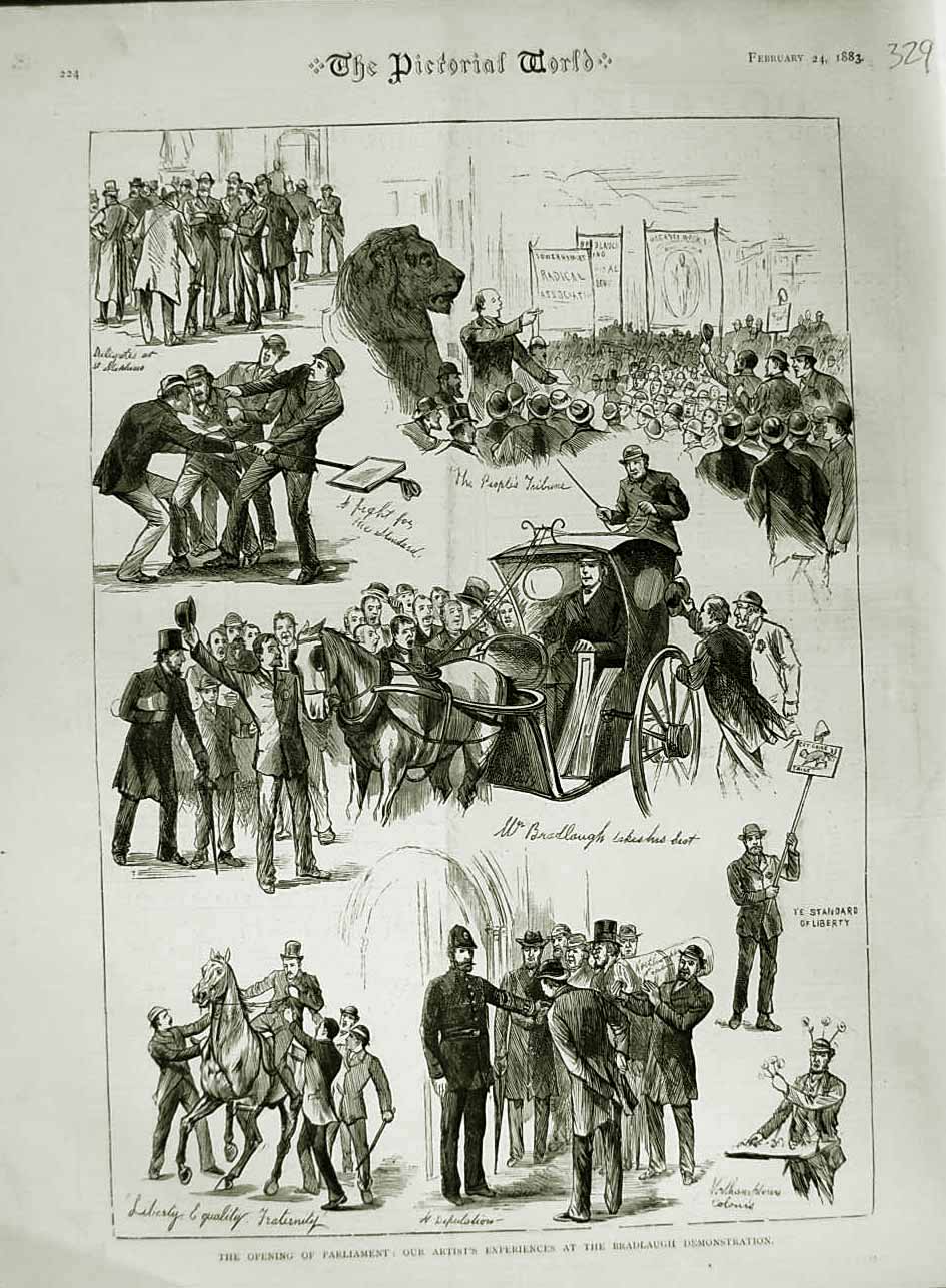 Original Old Antique Print 1883 Parliament Bradlaugh Demonstration Policeman