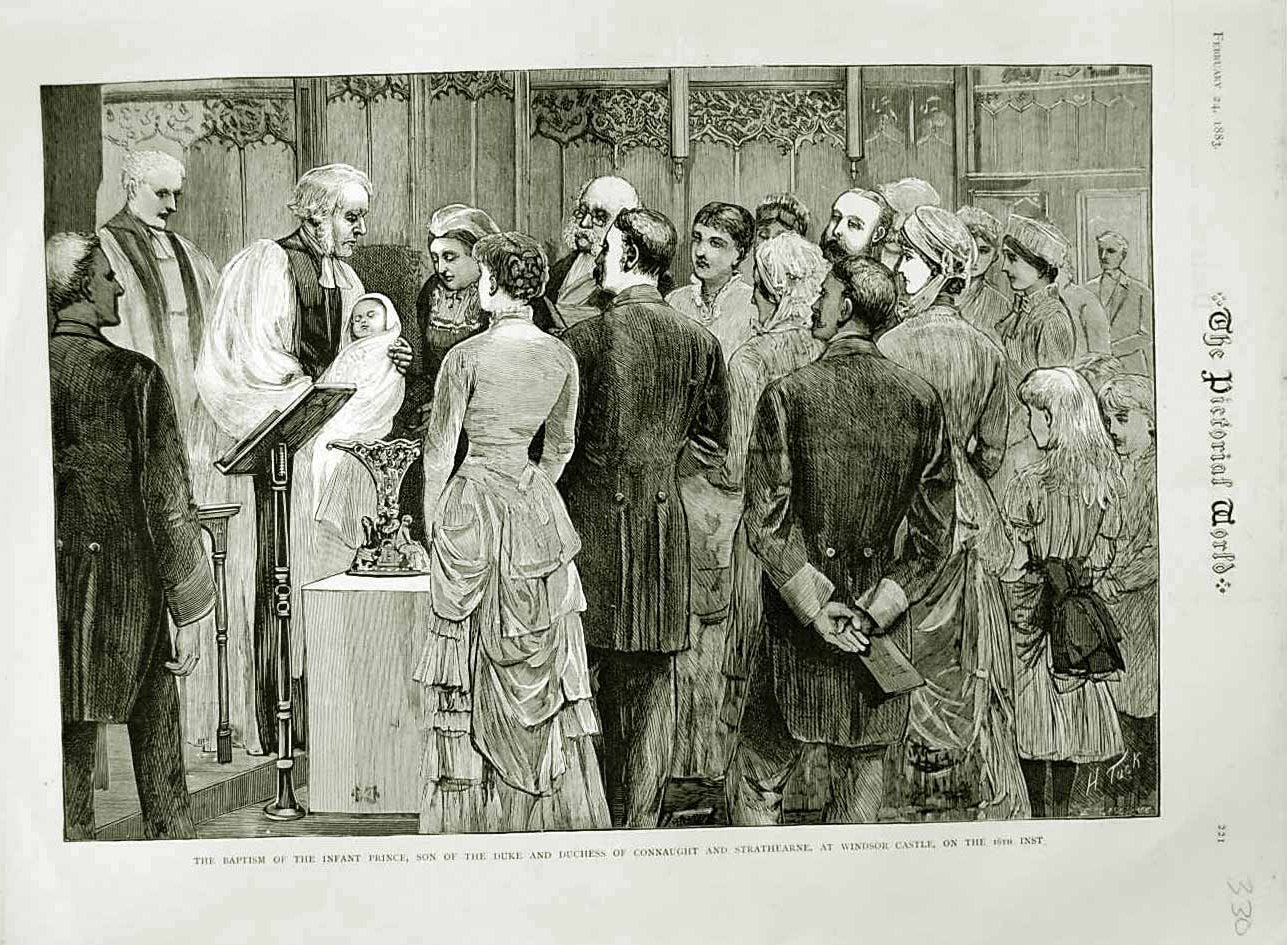 Old Antique Print 1883 Baptism Baby Prince Duke Connaught Windsor Castle 19th
