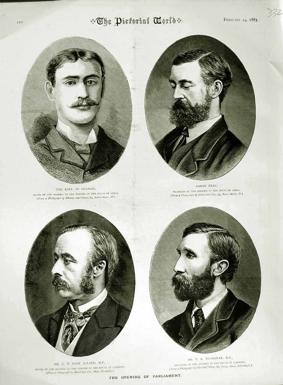 Original Old Antique Print 1883 Earl Durham Baron Reay Dyke Acland Buchanan M.P