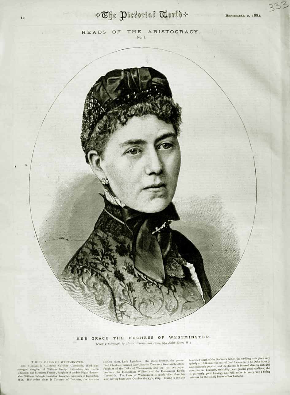 Old Antique Print 1882 Portrait Duchess Westminster Catherine Cavendish 19th