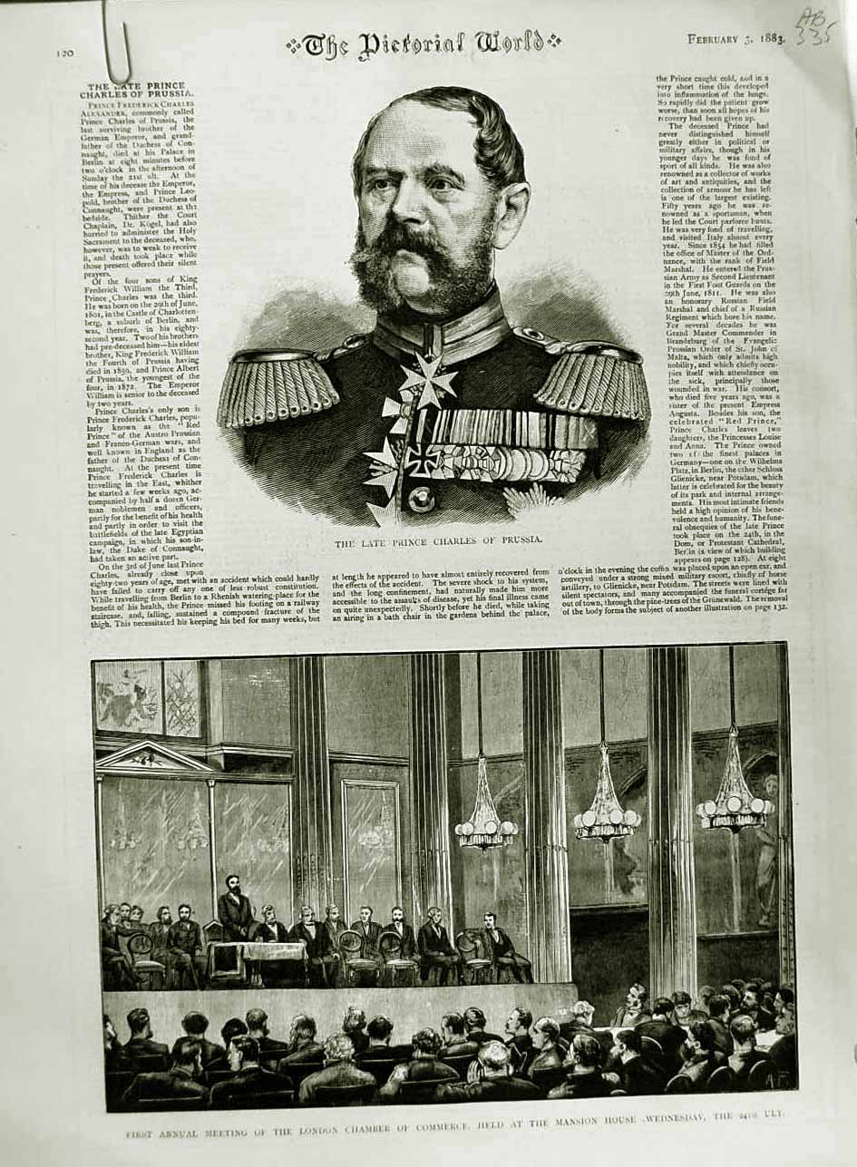Old Antique Print 1882 Prince Charles Prussia Chamber Commerce Potsdam 19th