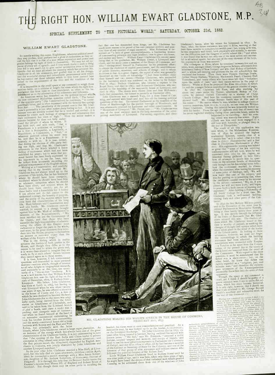 Original Old Antique Print 1882 William Ewart Gladstone House Commons Hawarden