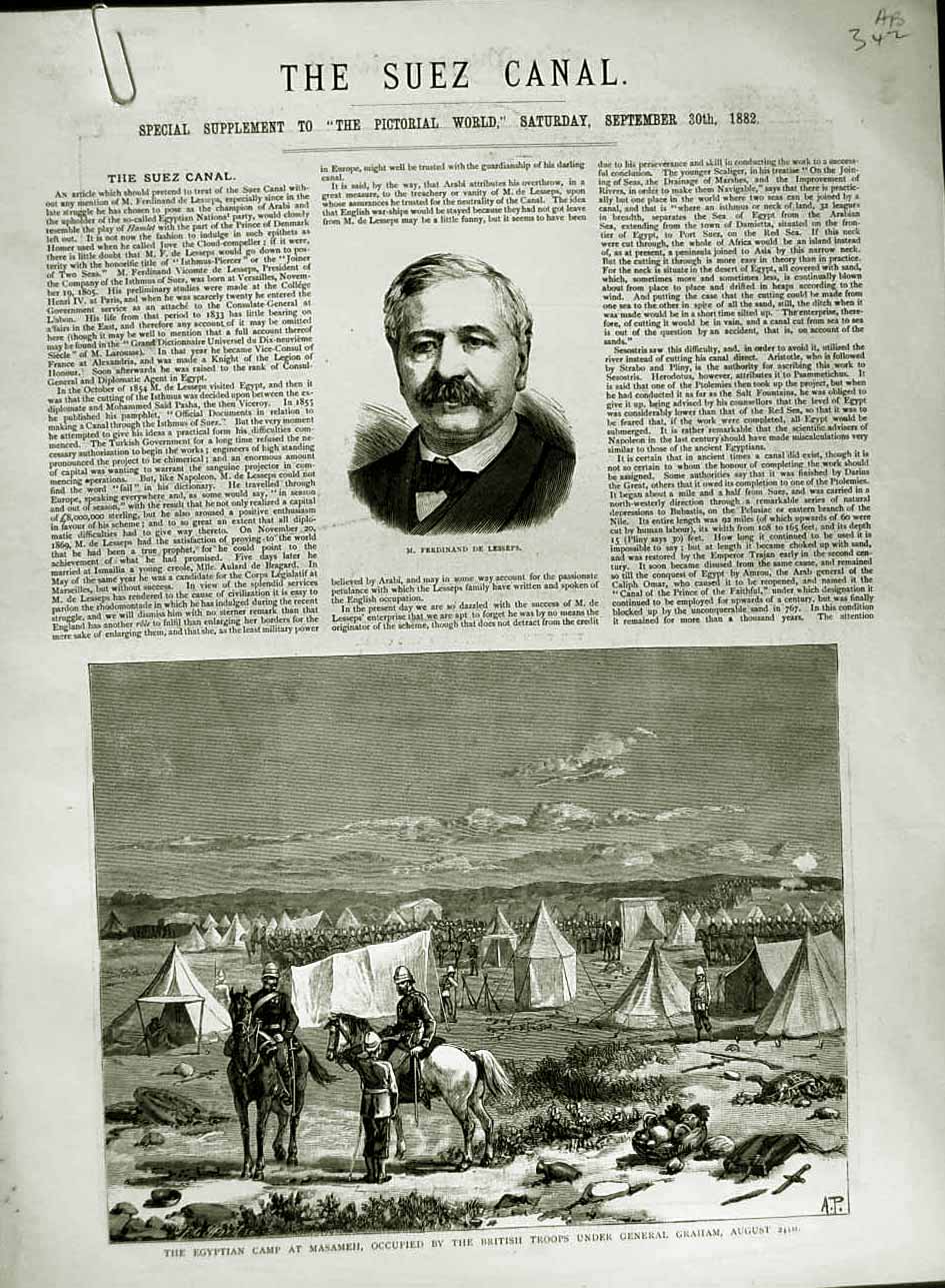 Old Antique Print 1882 Ferdinand Lesseps Suez Canal Masameh Graham War 19th