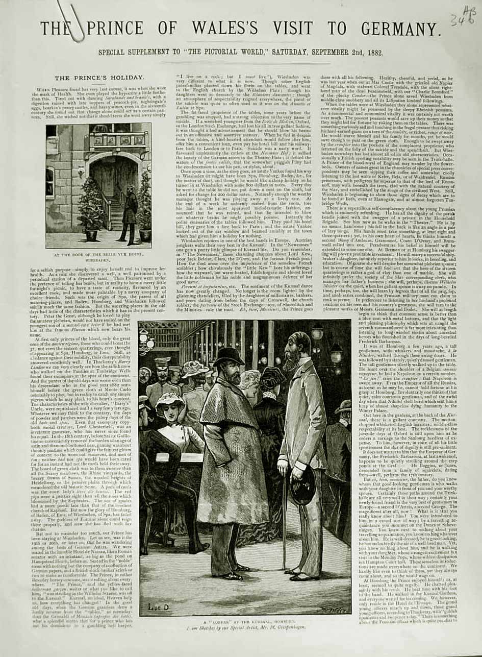 Antique Old Print 1882 Prince Wales Germany Hotel Wiesbaden Homburg Platz 19th