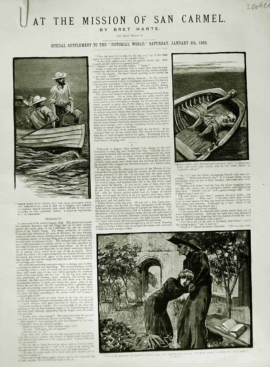 Old Antique Print 1882 Mission San Carmel Baby Boat Pedro Juanita Church 19th