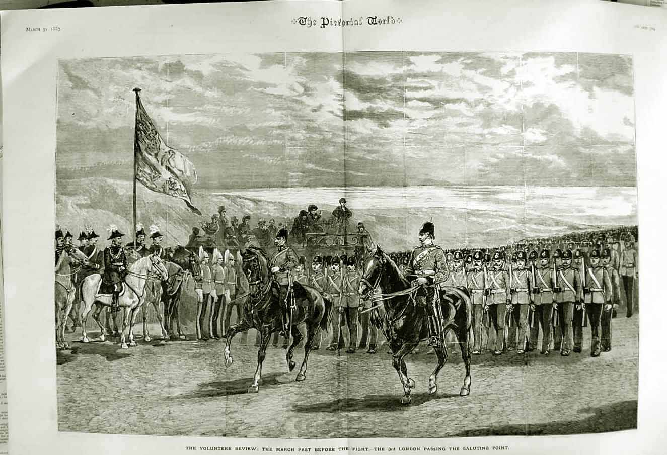 Original Old Antique Print 1882 Volunteer Review Siers London Horses Saluting