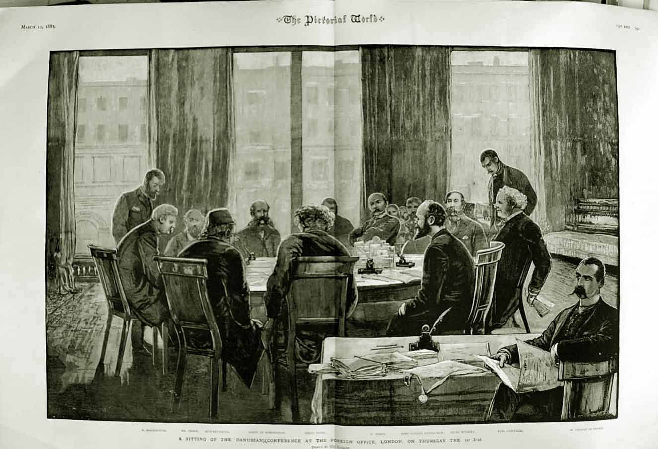 Original Old Antique Print 1882 Danubian Conference London Marinovitch Tissot